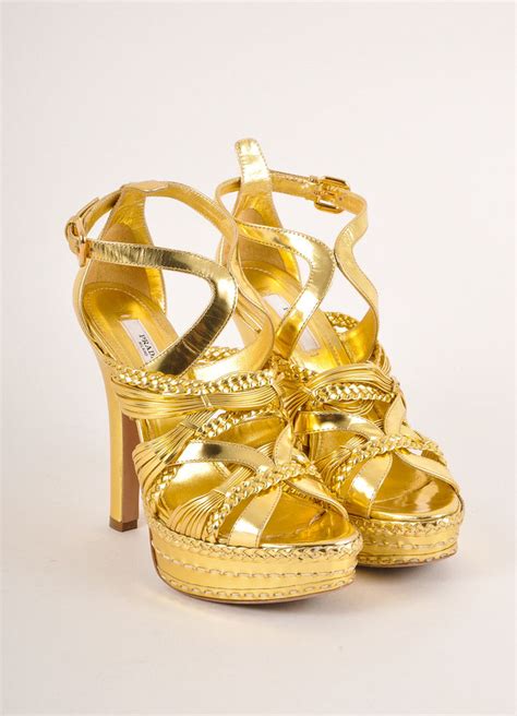 prada gold strappy heels|Prada platform heels.